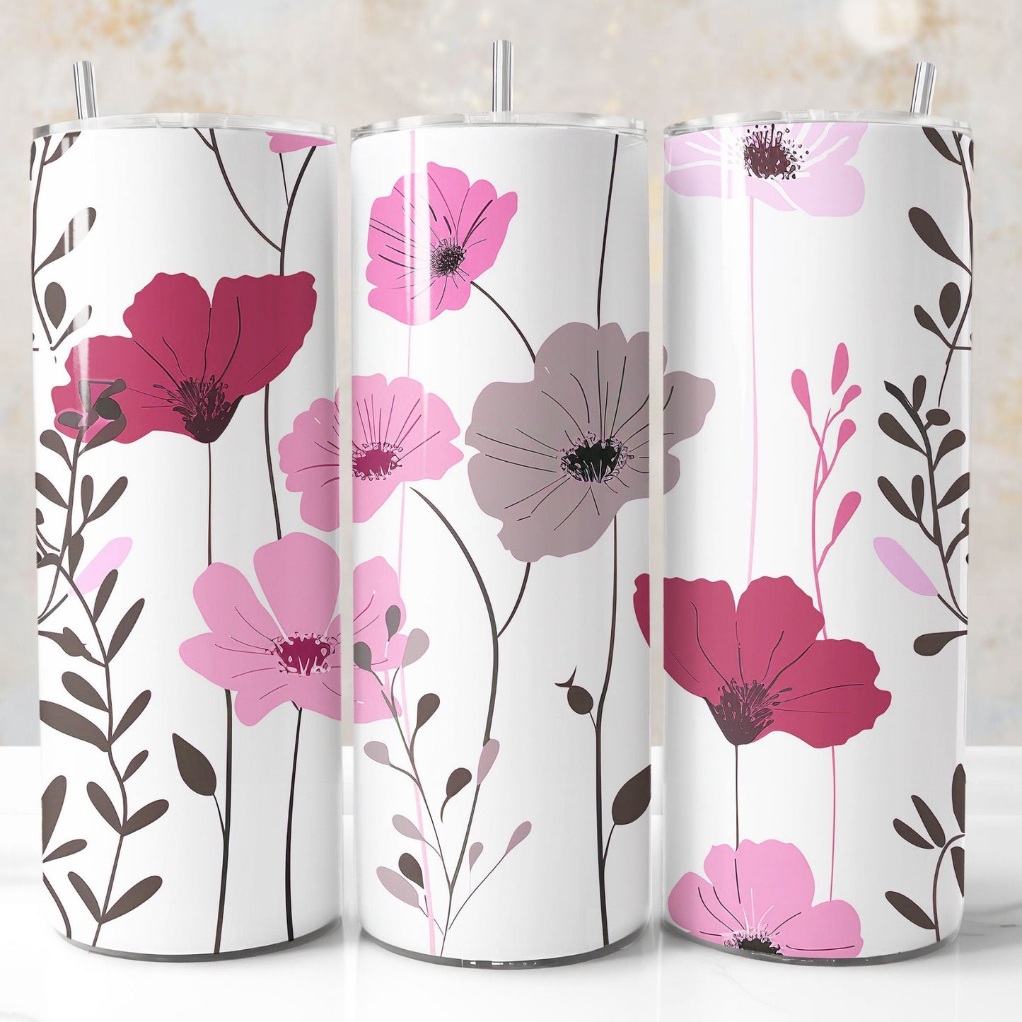 Pink and gray flower boho tumbler wrap. Seamless printable sublimation design.