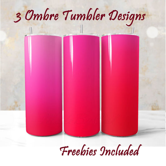 Three ombre tumbler sublimation designs in pink and red for DIY and commercial use..