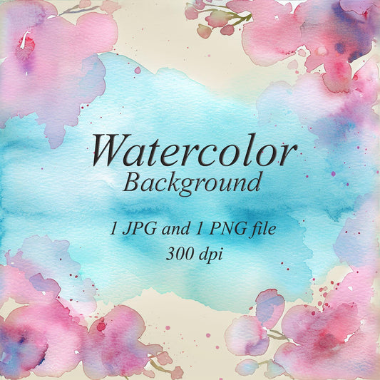 Pink and lilac watercolor flowers around an aqua center on a cream background. Text: “Watercolor Background”, “1 JPG and 1 PNG file”, “300 dpi”.