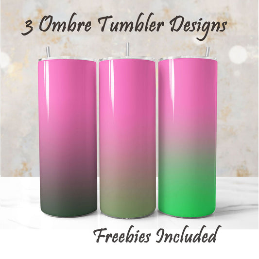 Three pink to green tumbler wraps, sublimation designs for DIY and commercial use.