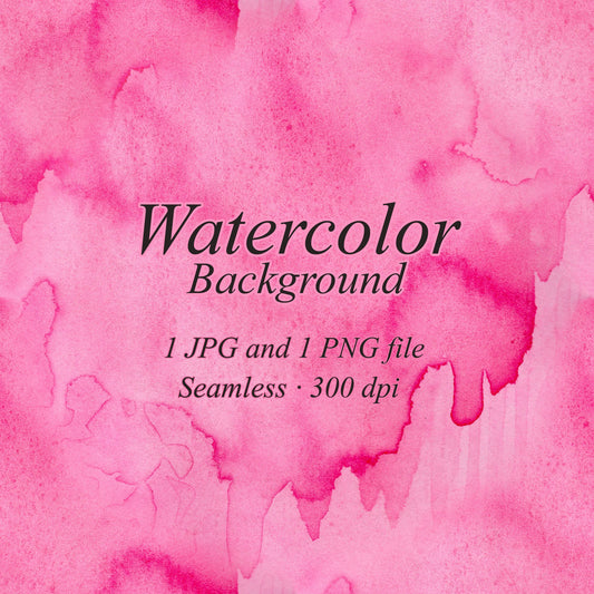 Pink watercolor background with layered washes, darker pink pigment edges, and fine grain. Text: “Watercolor Background”, “1 JPG and 1 PNG file”, “Seamless · 300 dpi”.