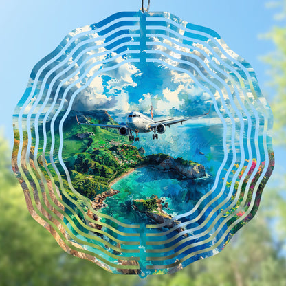 Plane wind spinner sublimation design with an airplane and island scene, beautiful landscape