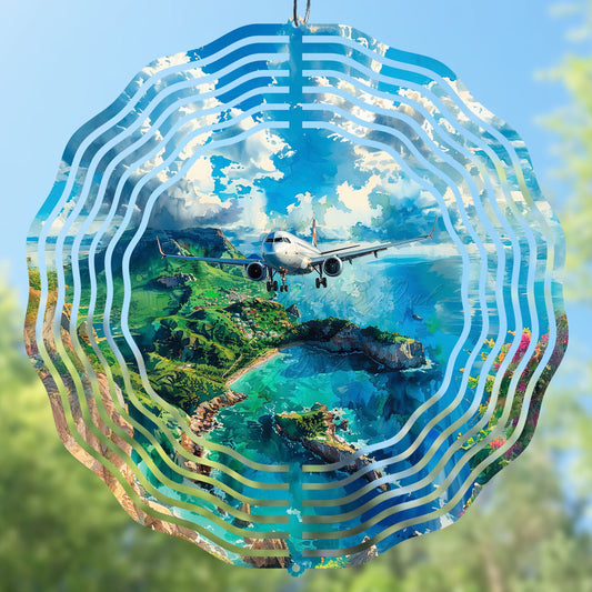 Plane wind spinner sublimation design with an airplane and island scene, beautiful landscape