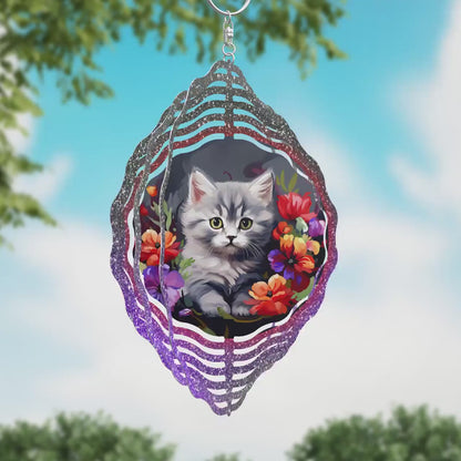 Cute Kitten and Flowers Wind Spinner Sublimation Design PNG