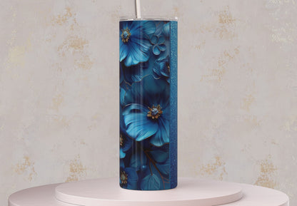 3D Blue Glitter 3D Floral Tumbler Wrap Sublimation Design PNG, Add Your Name