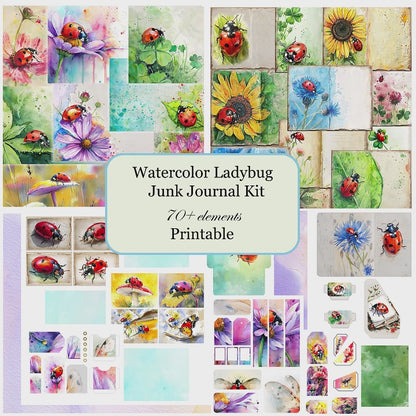 Watercolor Ladybug Junk Journal Kit, Printable, 70+ Elements
