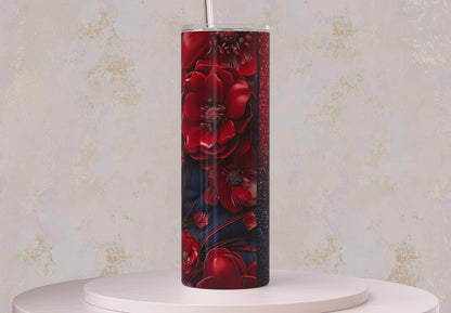 Red and Navy Blue 3D Glitter Floral Tumbler Wrap Sublimation Design PNG, Add Your Name