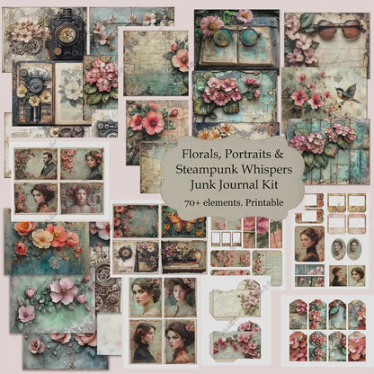 Steampunk Floral Junk Journal Kit, Vintage Printable Ephemera