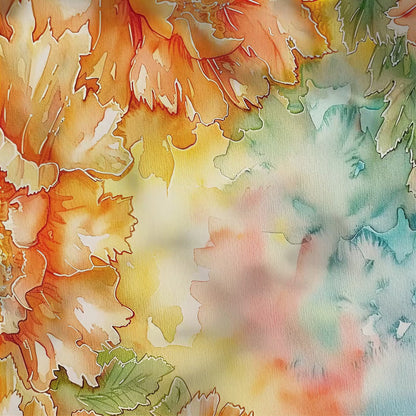 Orange Floral Watercolor Background with Teal Washes, Digital Download