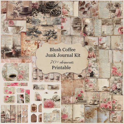 Blush Pink Floral Coffee Junk Journal Kit, Printable, 70+ Elements