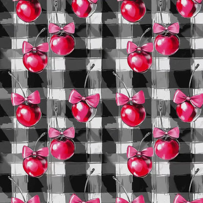 Cherry Coquette Seamless Pattern, Checkered Background