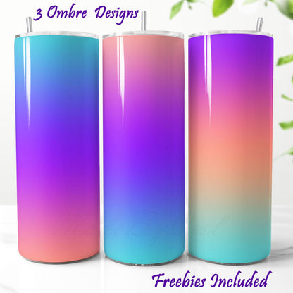 Three gradient tumblers in blue, pink, and purple. Tumbler sublimation designs for DIY and commercial use.
