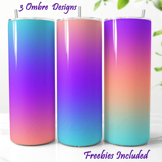 Three gradient tumblers in blue, pink, and purple. Tumbler sublimation designs for DIY and commercial use.