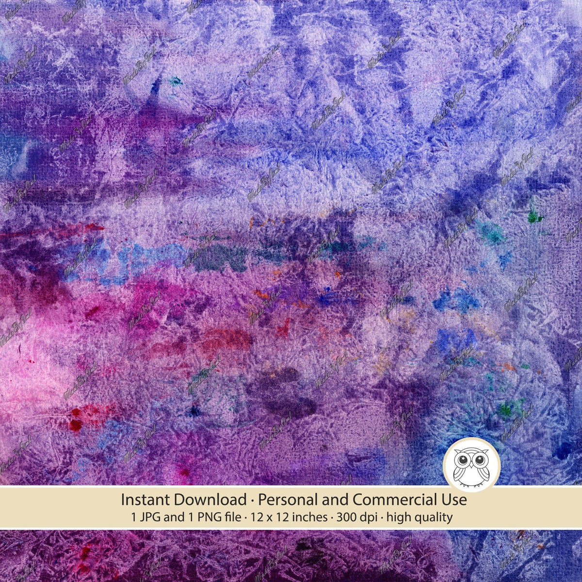 Purple, pink and blue grunge background with magenta patches, turquoise accents, and dense distressed texture.