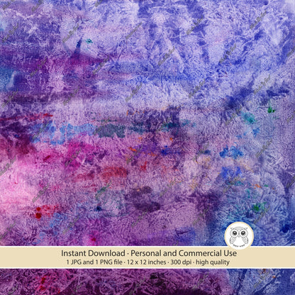 Purple, pink and blue grunge background with magenta patches, turquoise accents, and dense distressed texture.