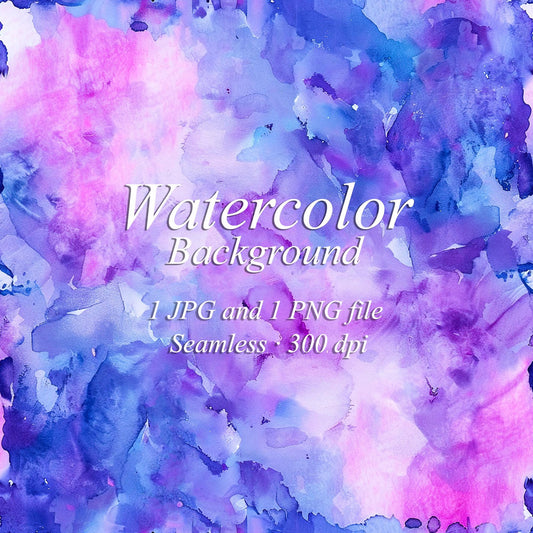 Purple, pink, and blue watercolor background with overlapping washes, pale lilac areas, and darker pigment edges. Text: “Watercolor Background”, “1 JPG and 1 PNG file”, “Seamless · 300 dpi”.