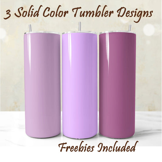 Three solid color tumblers in purple, sublimation designs for DIY and commercial use.