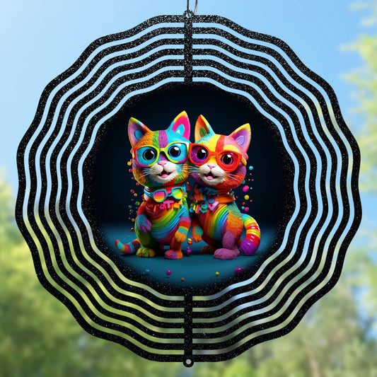 3D cats wind spinner sublimation design PNG with a glitter effect, showing a pair of cats. Perfect for creative projects, personalized gifts, or custom decor.