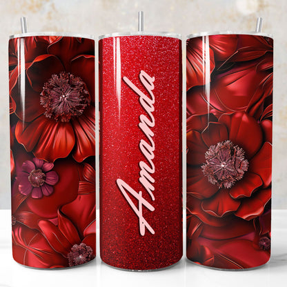 Red glitter 3D floral tumbler wrap PNG for 20oz sublimation tumblers with customizable name field