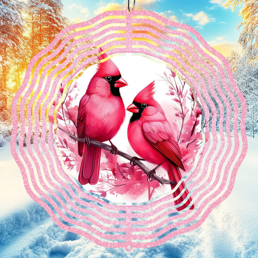 Two pink red cardinals on a branch wind spinner sublimation design
