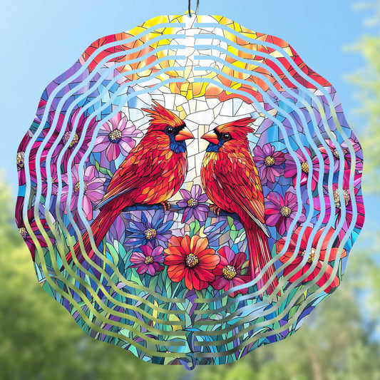 3D red cardinals wind spinner PNG in stained glass style. Features a pair of birds, perfect for handmade gifts, seasonal crafts, and creative projects.