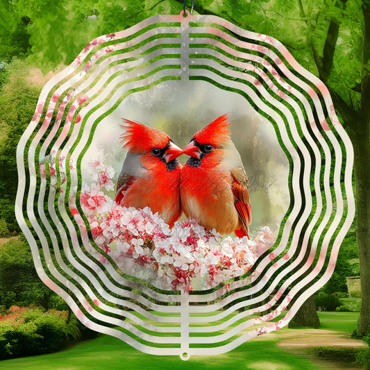 Two red cardinals on a branch with pink flowers, wind spinner sublimation design