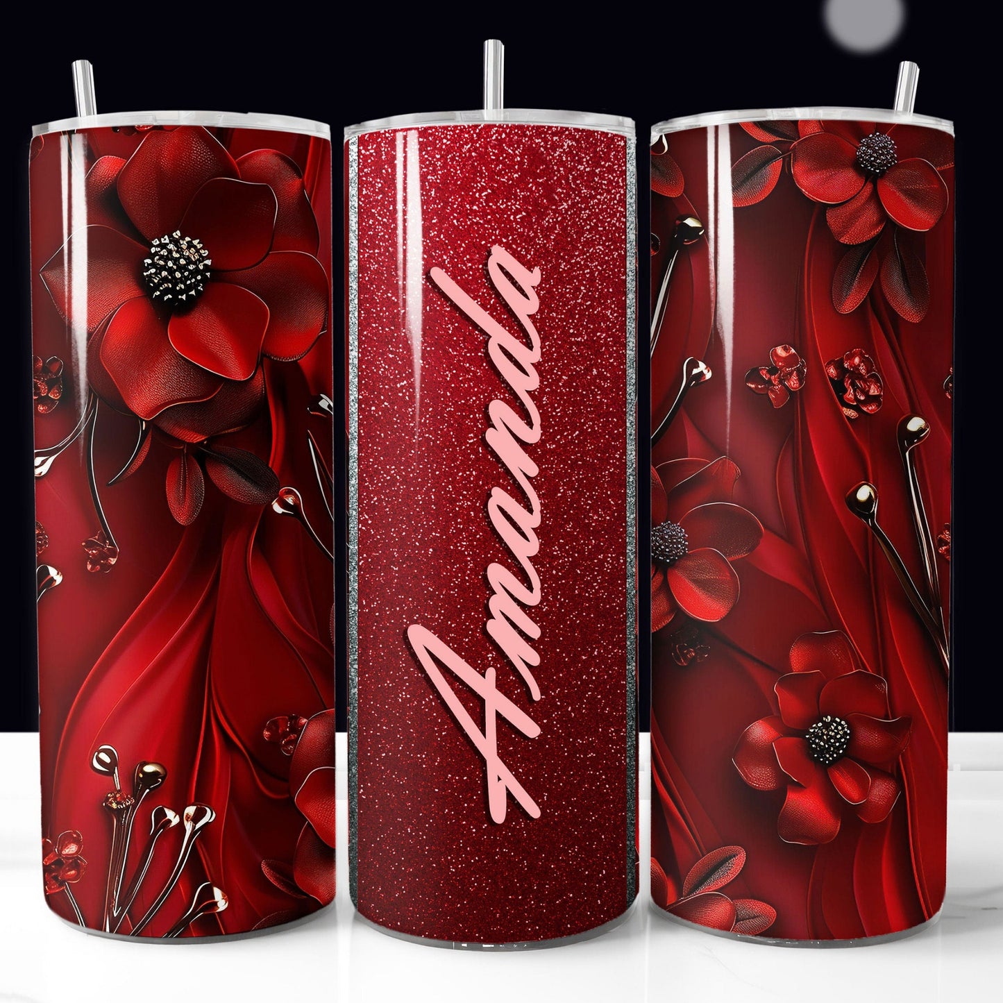 Red floral glitter tumblers wrap, add your name