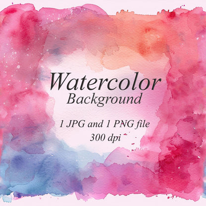 Red and pink watercolor washes forming an irregular frame around a pale center, with coral areas above and muted blue at the lower left. Text: “Watercolor Background”, “1 JPG and 1 PNG file”, “300 dpi”.