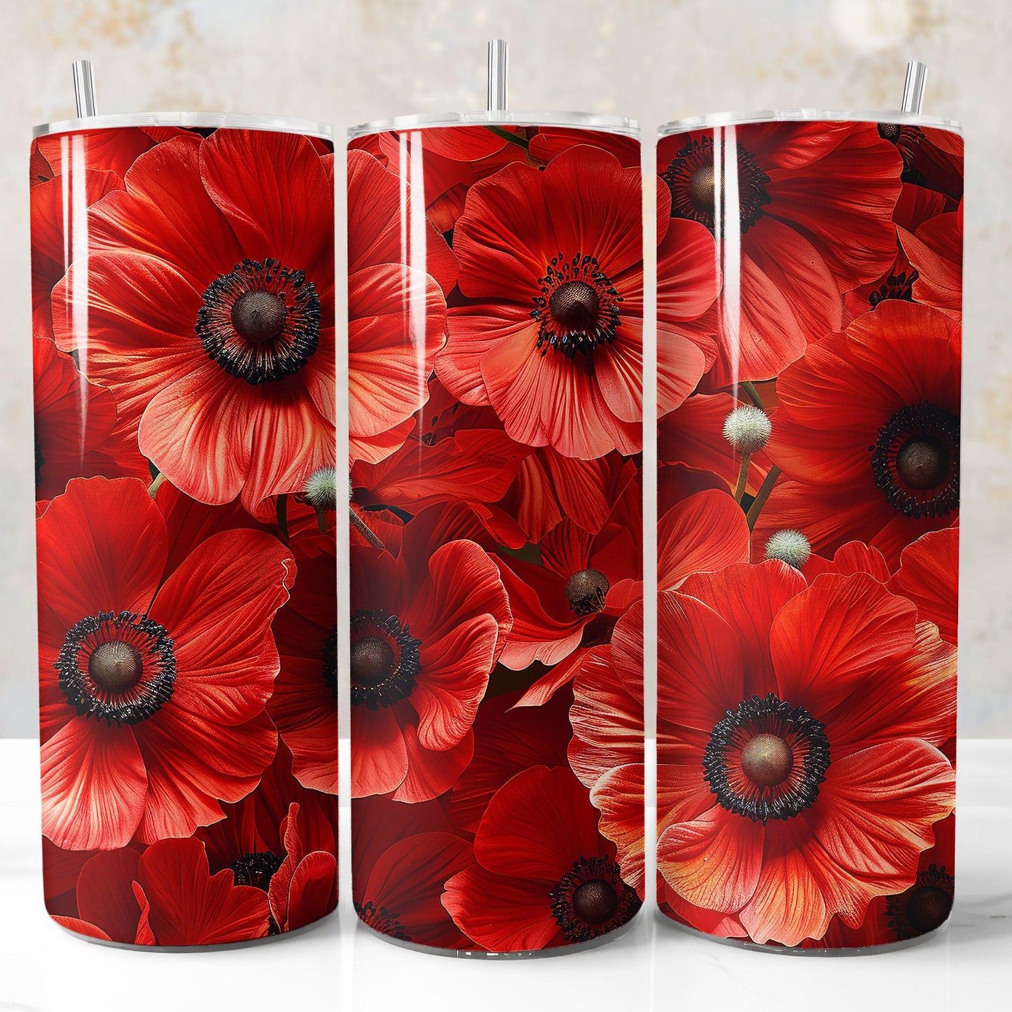 20oz poppies tumbler wrap with red floral pattern. Seamless printable sublimation design.