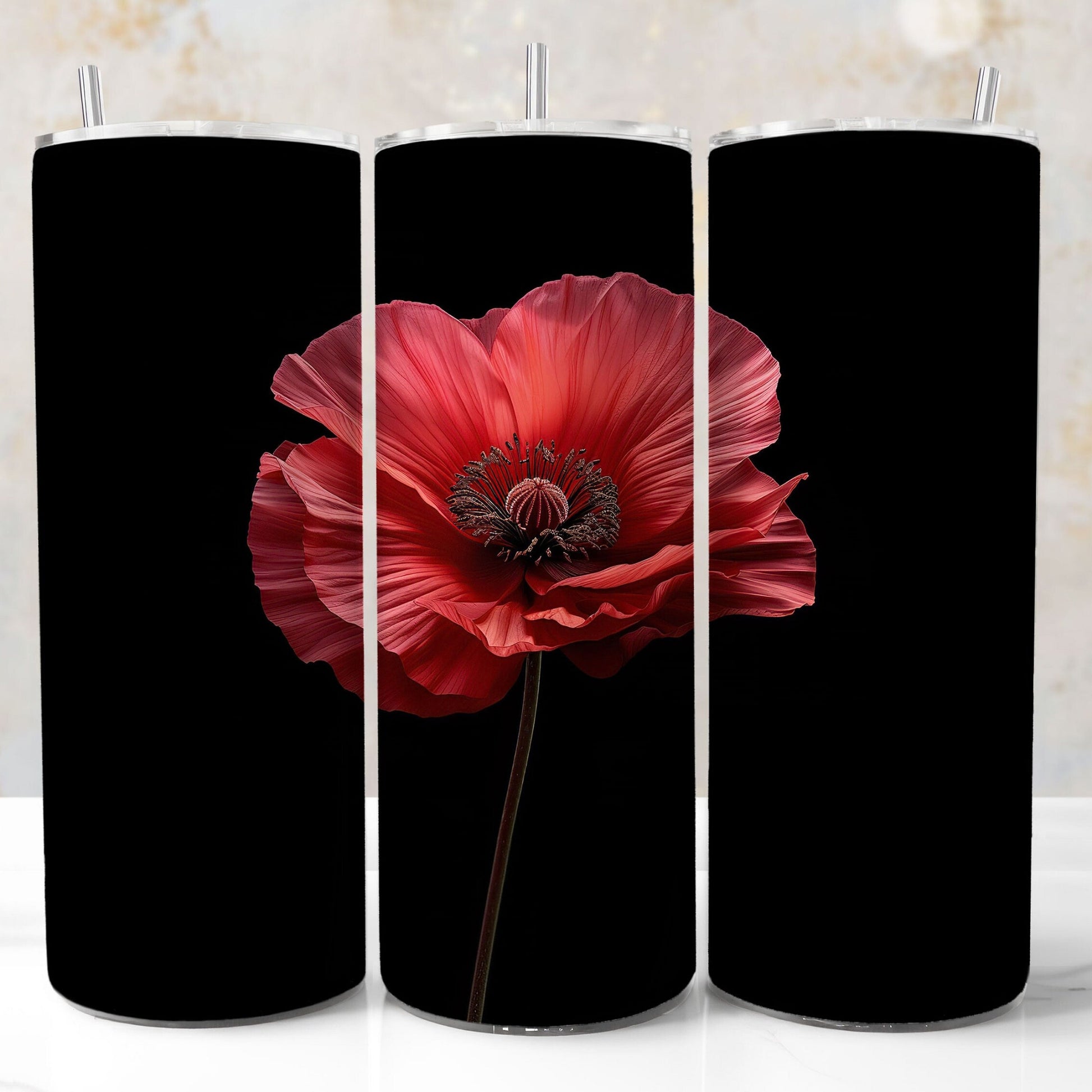 Black tumbler wrap with a red poppy flower design. PNG for DIY projects, personalized gifts, and commercial sales, ideal for makers and small businesses.