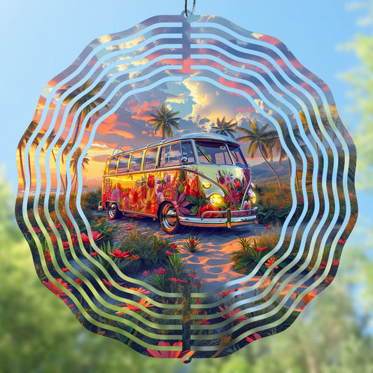 Retro bus wind spinner sublimation design with a colorful van and tropical scene .