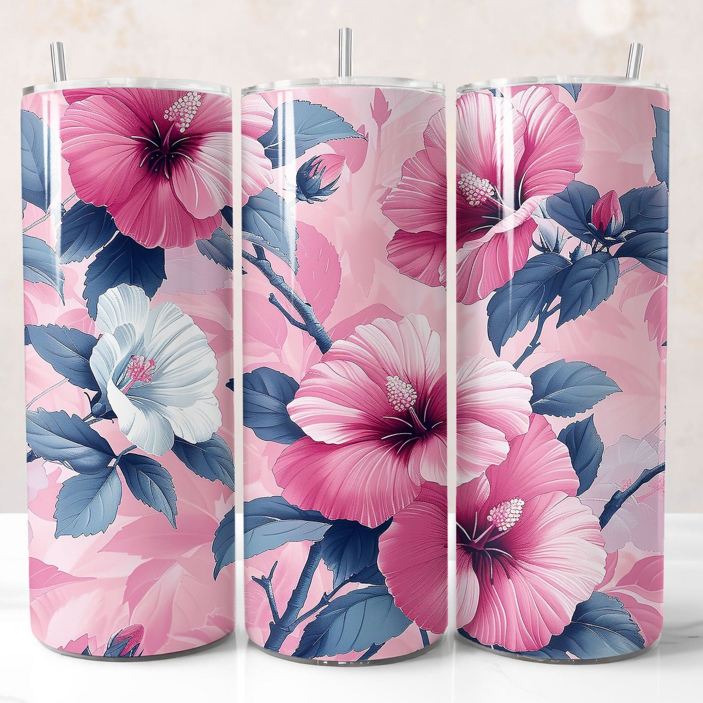 Hibiscus floral sublimation tumbler wrap for 20oz cups, high-quality PNG for creating professional, eye-catching tumblers for personal projects or commercial sales.