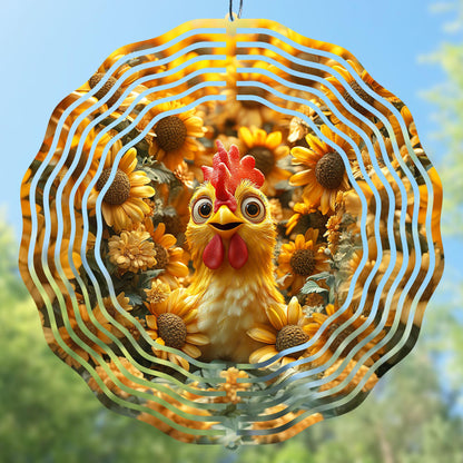 Rooster surrounded by sunflowers in a wind spinner design, perfect for gifts and custom items with a western flair.  