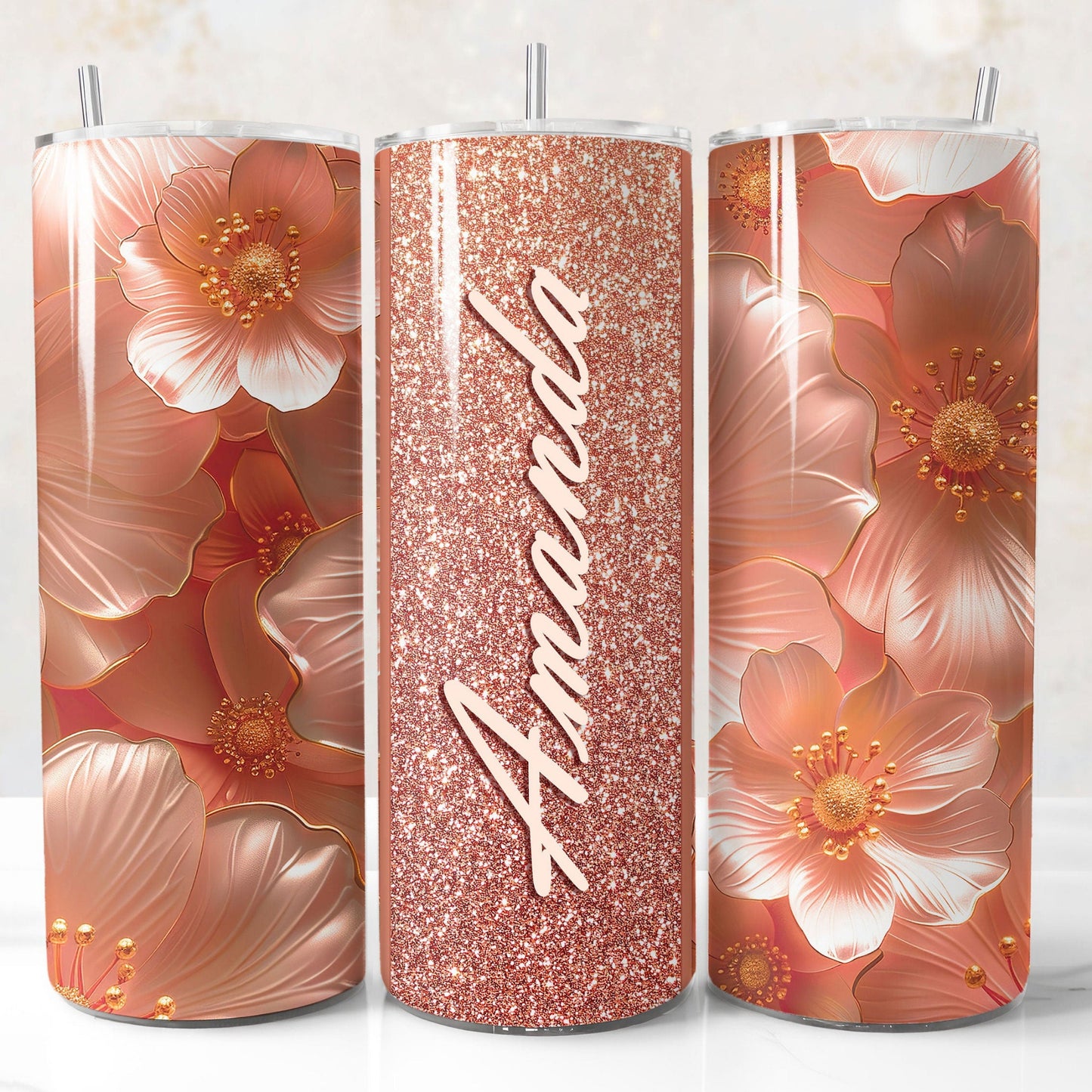 Rose Gold glitter 3D floral tumbler wrap PNG for 20oz sublimation tumblers with customizable name field