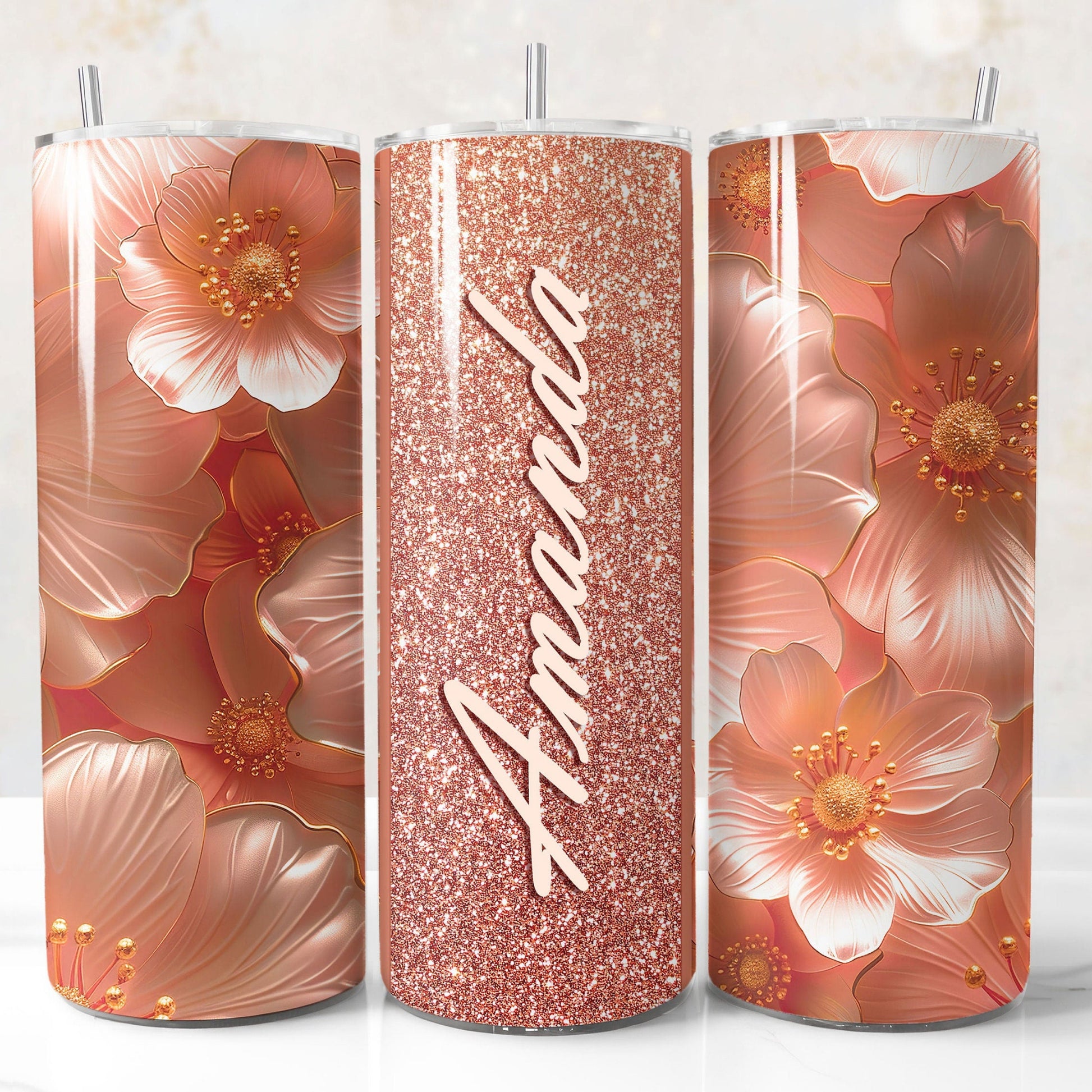Rose Gold glitter 3D floral tumbler wrap PNG for 20oz sublimation tumblers with customizable name field