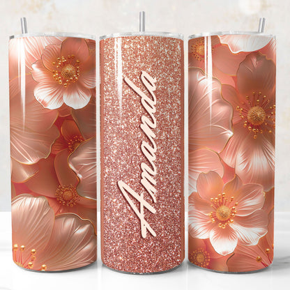 Rose Gold glitter 3D floral tumbler wrap PNG for 20oz sublimation tumblers with customizable name field