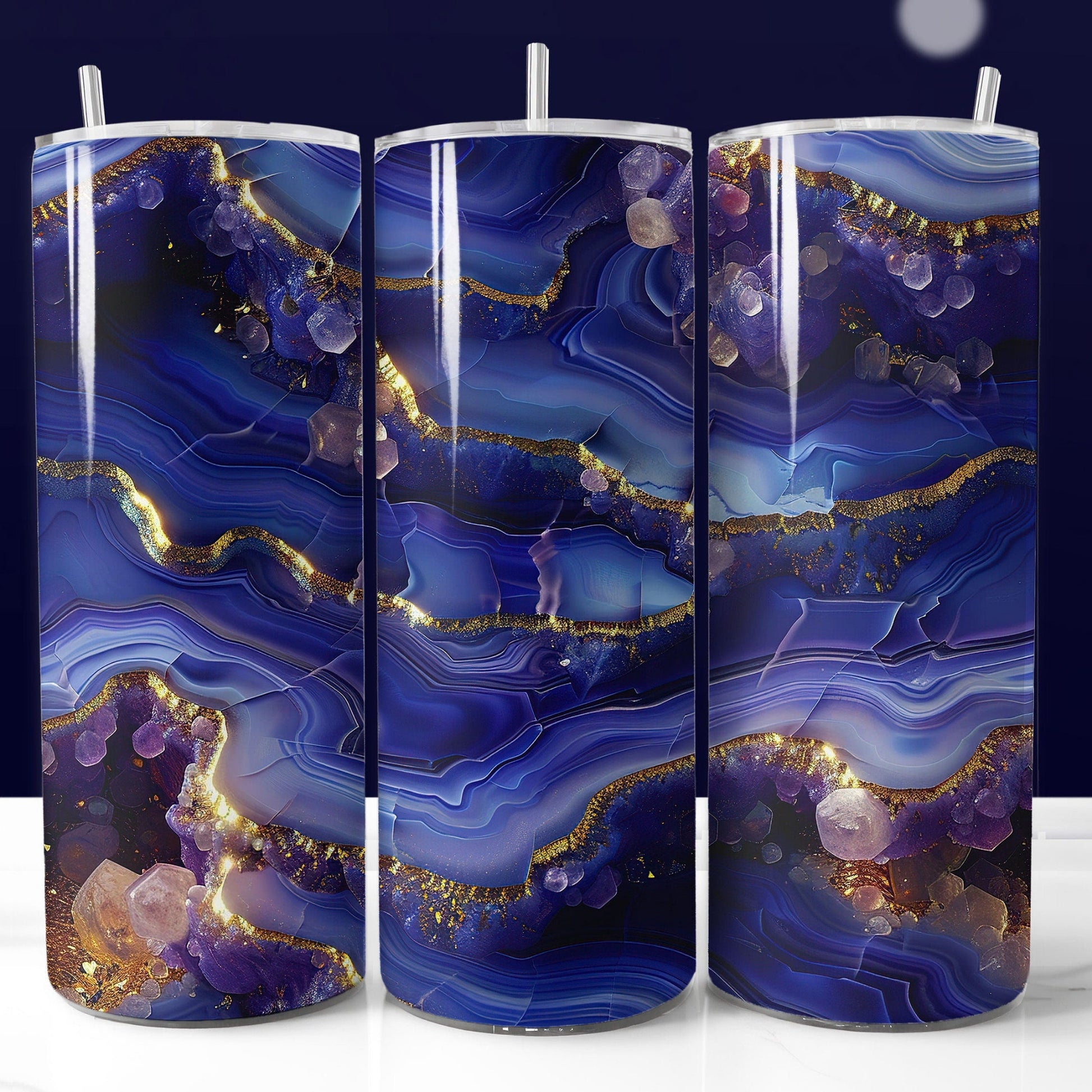 20oz agate tumbler wrap with royal blue gold geode pattern. Seamless printable sublimation design.