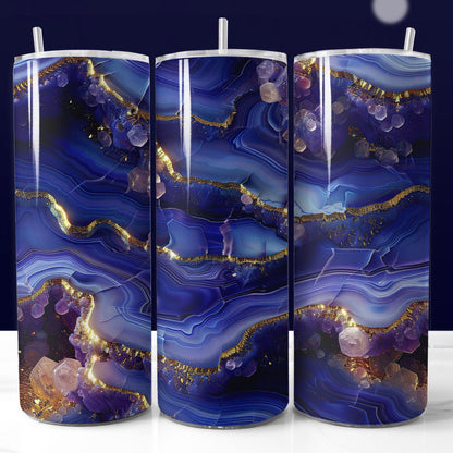 20oz agate tumbler wrap with royal blue gold geode pattern. Seamless printable sublimation design.