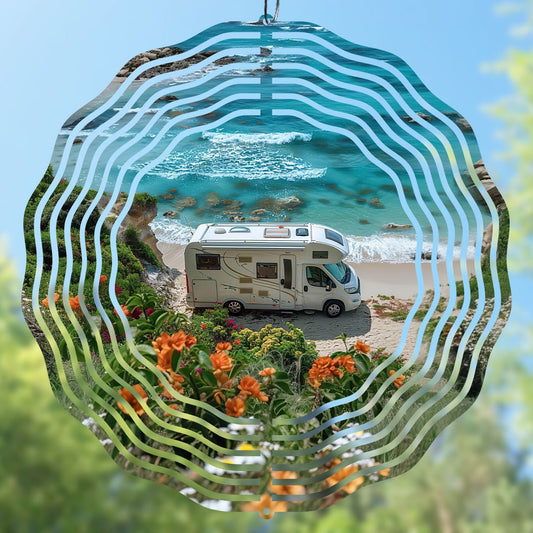 Camper van on a beach, rv camper wind spinner sublimation design