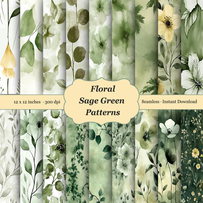 Collection of watercolor floral and leaf patterns in sage green, seamless backgrounds instant download.
