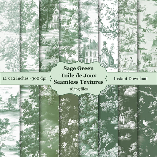Sage green toile de jouy seamless textures, digital paper pack instant download.