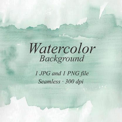 Pale sage green watercolor wash with irregular edges, subtle pigment texture, and white areas above and below. Text: “Watercolor Background”, “1 JPG and 1 PNG file”, “Seamless · 300 dpi”.