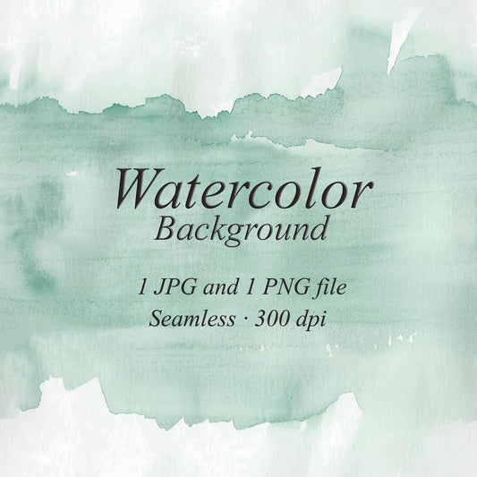Pale sage green watercolor wash with irregular edges, subtle pigment texture, and white areas above and below. Text: “Watercolor Background”, “1 JPG and 1 PNG file”, “Seamless · 300 dpi”.