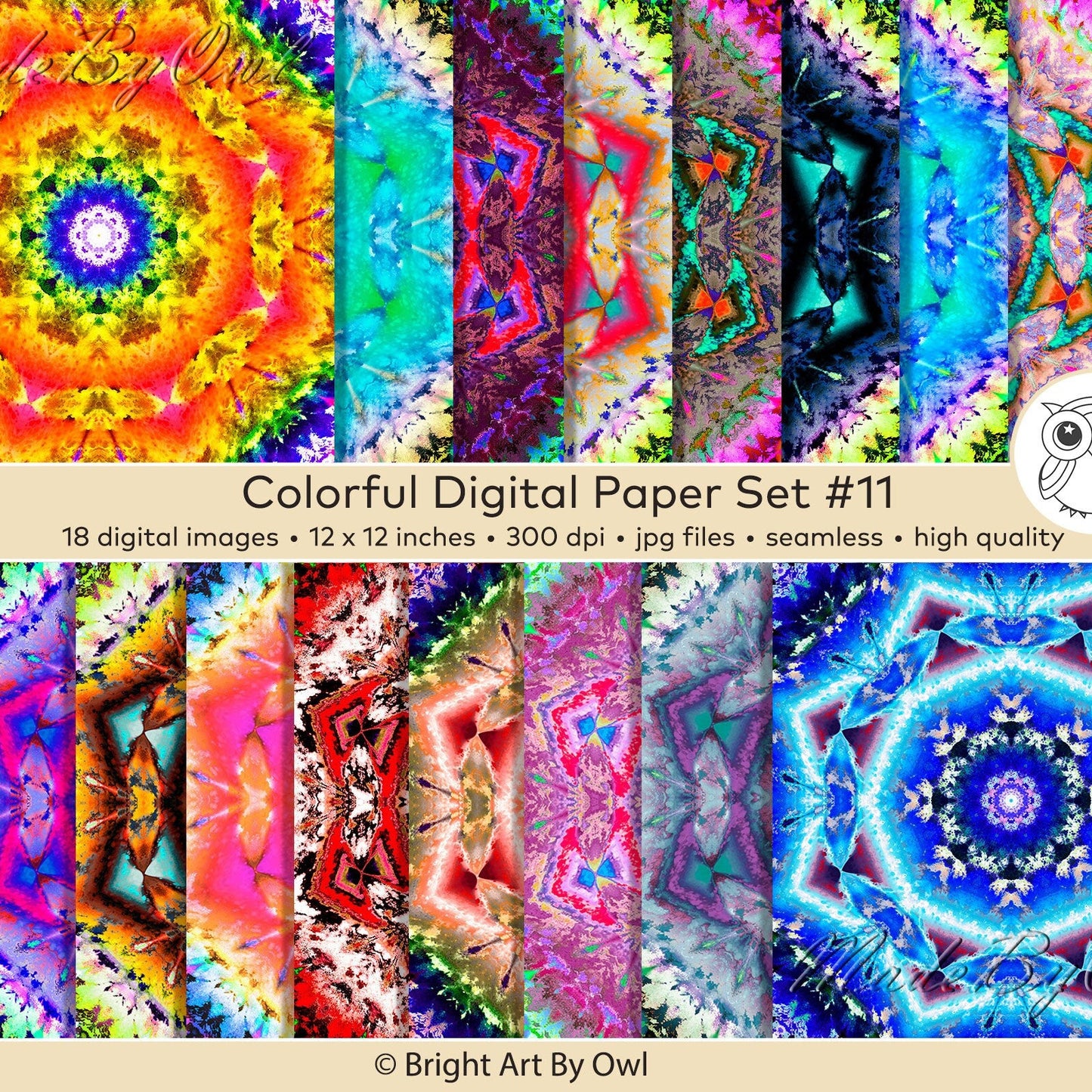 Colorful digital paper set with mandala patterns, kaleidoscope textures