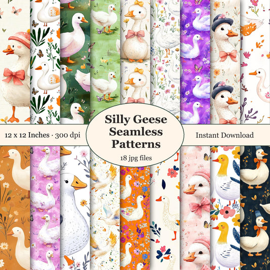 Collection of Silly Geese Seamless Patterns with various designs featuring ducks and flowers. Digital Paper Instant Download.