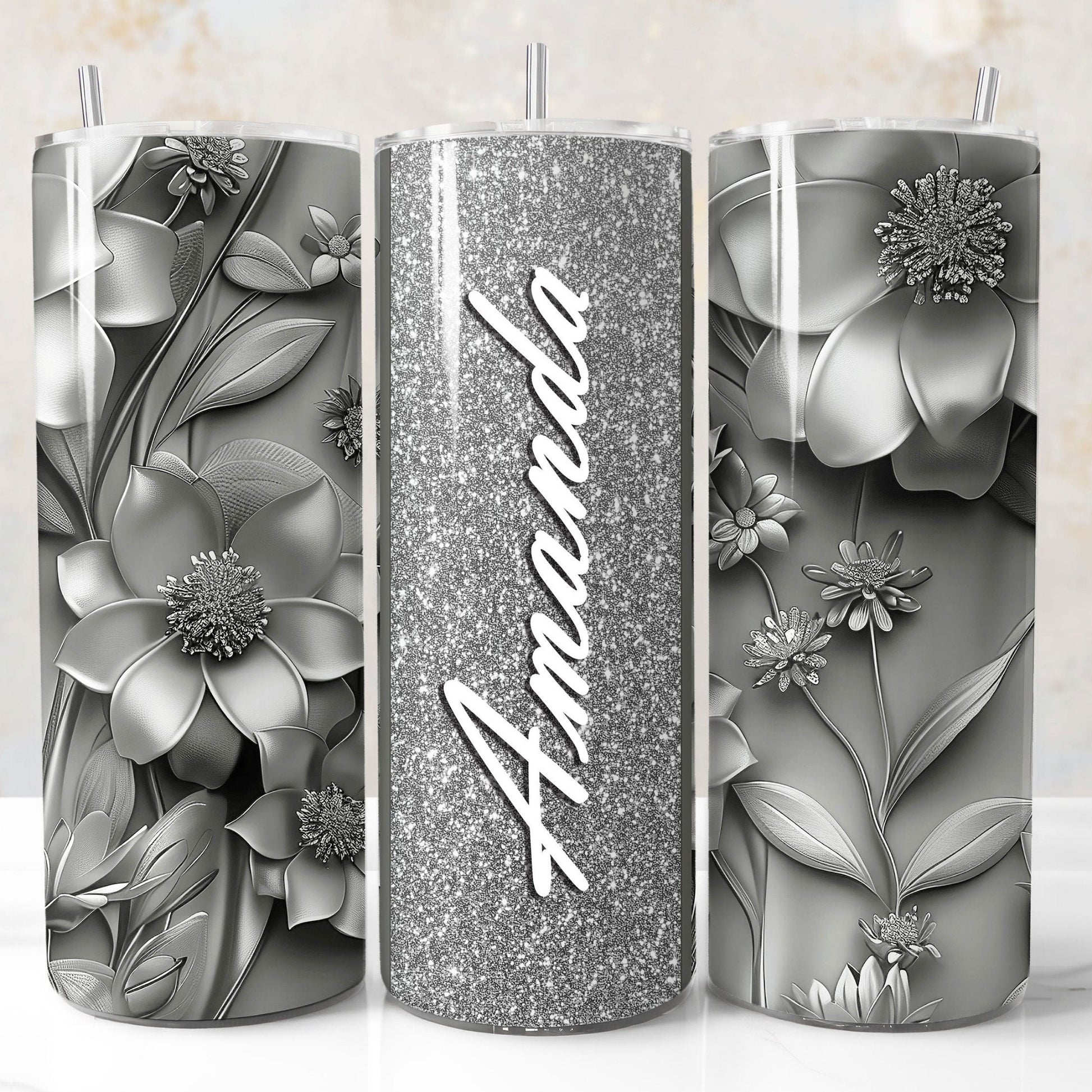 Silver glitter 3D floral tumbler wrap PNG for 20oz sublimation tumblers with customizable name field