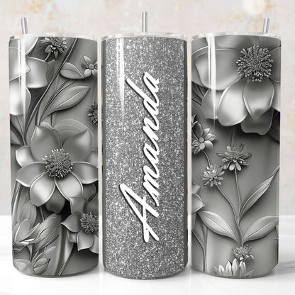 Silver glitter 3D floral tumbler wrap PNG for 20oz sublimation tumblers with customizable name field