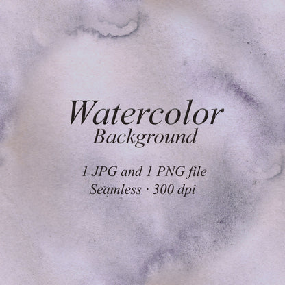 Soft gray watercolor background with a faint lilac tint, fine pigment grain, and darker curved paint edges. Text: “Watercolor Background”, “1 JPG and 1 PNG file”, “Seamless · 300 dpi”.