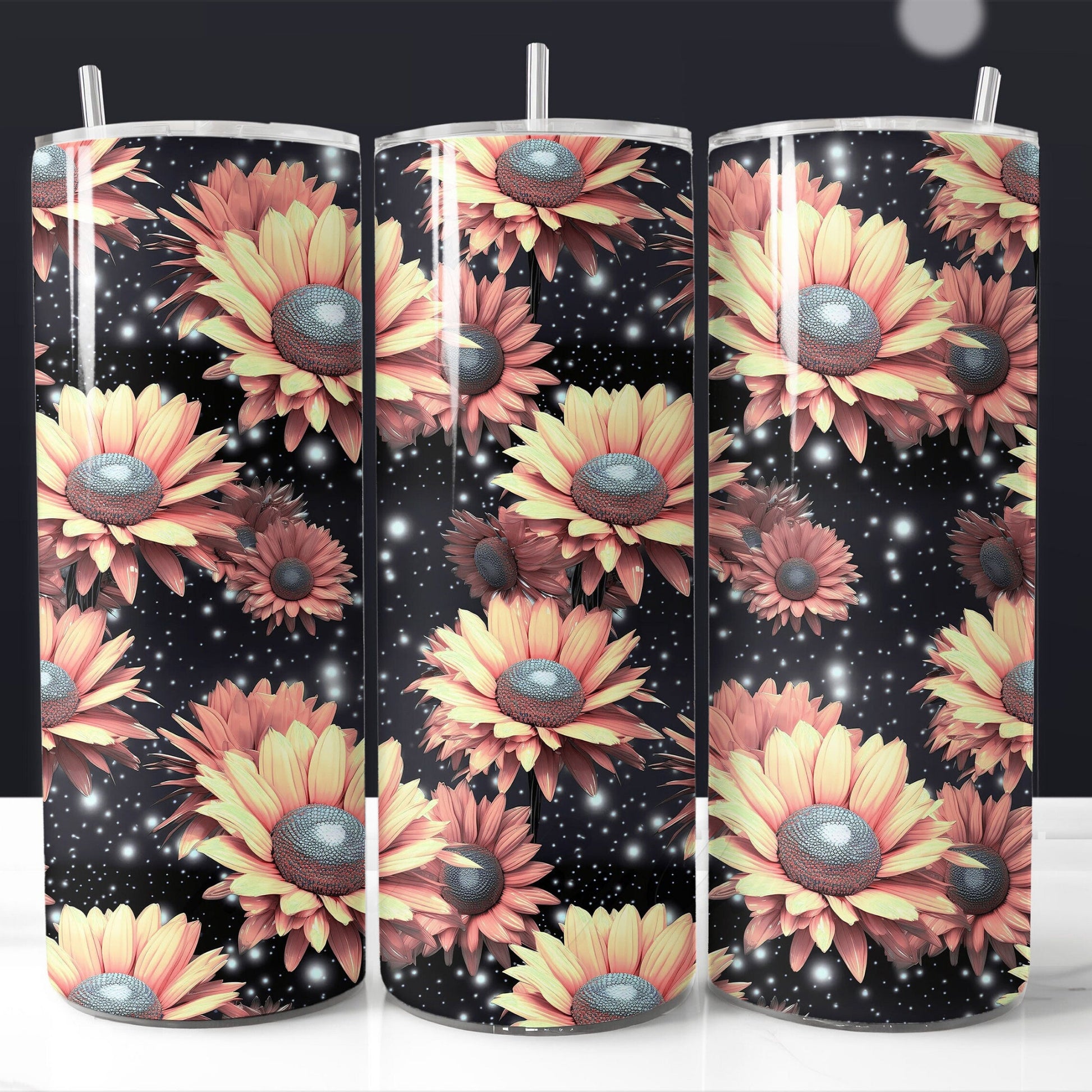 Tumbler wrap with sunflower design on a black background, starry sky