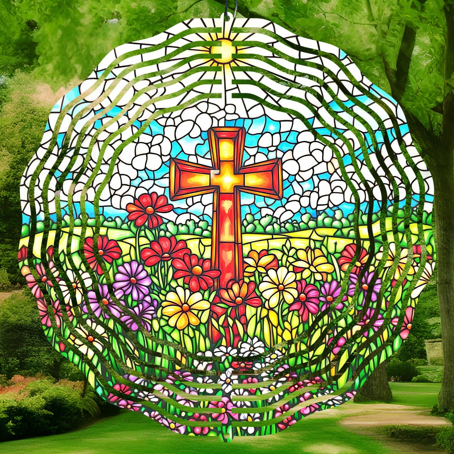 Stained Glass Cross Wind Spinner PNG, faith-themed design for personal and commercial projects.